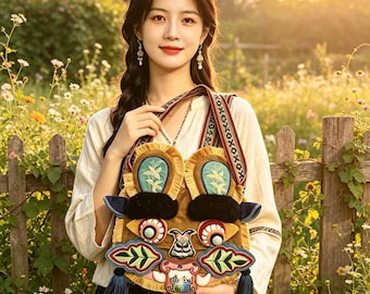 Handmade Tiger Head Crossbody Bag Elon Musk's Son China Visit Same ，Traditional Chinese design, hand-embroidered by ethnic minority artisans