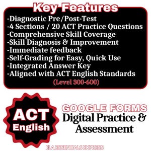May include: A black rectangular graphic with white text listing Key Features: Diagnostic Pre/Post-Test, 4 Sections/20 ACT Practice Questions, Comprehensive Skill Coverage, Skill Diagnosis & Improvement, Immediate feedback, Self-Grading, Answer Key, and ACT English Standards (Level 300-600). Below is a red starburst with ACT English text and Google Forms Digital Practice & Assessment.