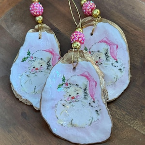 Hand Decoupaged Oyster Shell Santa Ornament: Coastal Christmas Decor