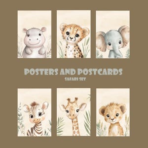 Animales de safari para bebés: set de pósteres y postales