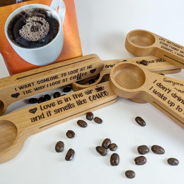 Coffee Bag Clip, Spoon for coffee grounds, wooden coffee spoon, ground coffee scoop, gift for coffee lover, wood spoon, engraved spoon