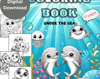 May include: A black and white coloring book with the title "Coloring Book Under The Sea" and a picture of two dolphins, a jellyfish, a shark, and a turtle. The book has 77 pages.