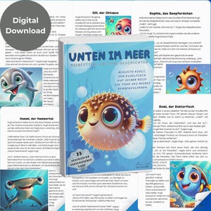 May include: A colourful book cover with the title "Unter Im Meer" and illustrations of various sea creatures, including a pufferfish, a seahorse, a hammerhead shark, and a doctorfish. The book features the text "Meerestiere und ihre Geschichten" and "35 Geschichten verschiedener Tiere".