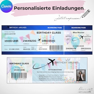 May include: A printable birthday invitation in the form of a boarding pass. The invitation features a colorful airplane design with the text "Birthday Airlines" and "Birthday Class". The invitation includes details such as the date, time, and location of the event. The invitation also includes a message that says "Make yourself ready for a unique journey to Anna's 30th birthday!"