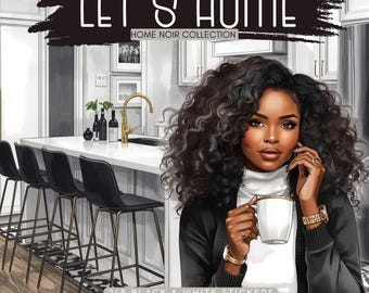 Pegatinas digitales en blanco y negro para planificador de decoración del hogar / Pegatinas para el hogar / Negro, blanco y dorado (Descarga digital)