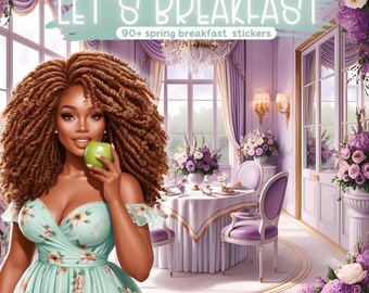 Pegatinas digitales para chicas negras / Pegatinas lilas para mujeres negras / Pegatinas para planificar comidas / Pegatinas digitales de primavera / Pegatinas moradas