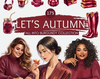 Más de 175 imágenes prediseñadas de otoño en acuarela: Pegatinas de otoño color burdeos / Pegatinas para agenda (PNG, Goodnotes)