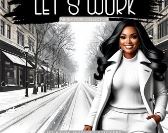 Pegatinas digitales de trabajo para mujeres negras / Pegatinas en blanco y negro para chicas negras / Pegatinas de invierno / Pegatinas de jefe sofisticado / Iconos