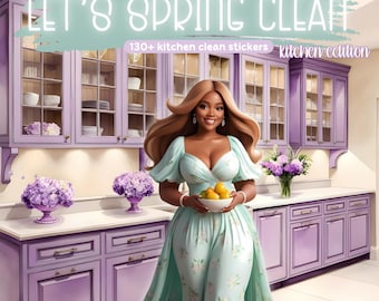 Pegatinas de limpieza de primavera: Pegatinas digitales de chica negra / Pegatinas de lavanda / Pegatinas de limpieza del hogar / Pegatinas de planificador pastel / Libro de pegatinas