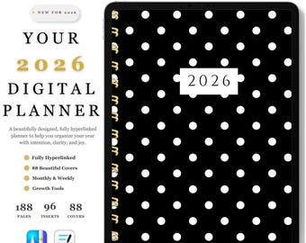 2026 Dated Digital Planner | Portrait Planner | Black & White Planner | Monthly Weekly Daily | 88 Covers | Noteful | GoodNotes | Android