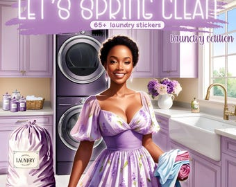 Pegatinas digitales de primavera: Pegatinas de lavandería / Set de imágenes prediseñadas de lavanda / Pegatinas de chica negra (PNG, Goodnotes, Noteful)