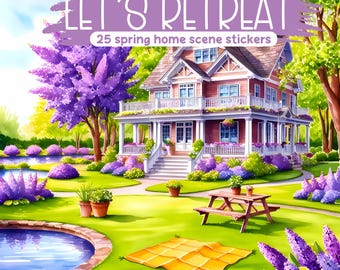 Clipart de cabaña de primavera en acuarela: Paquete PNG de picnic en la granja (descarga digital)