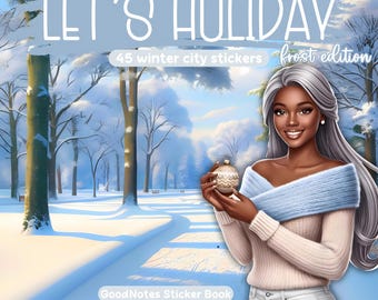 Pegatinas de invierno para niña negra: Escenas navideñas heladas (Libro de pegatinas de Goodnotes)