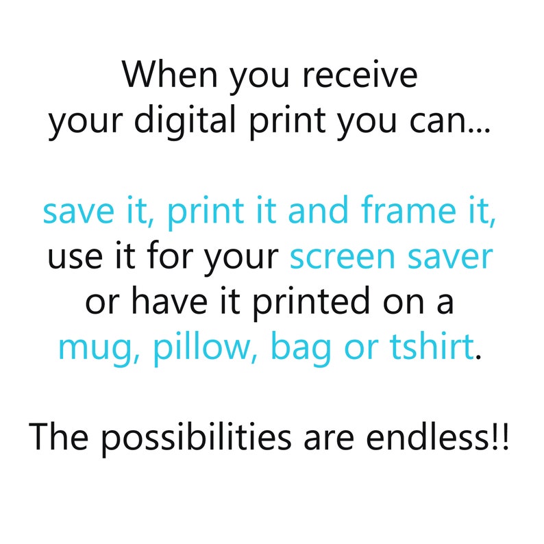 May include: Text on a white background that reads: "When you receive your digital print you can... save it, print it and frame it, use it for your screen saver or have it printed on a mug, pillow, bag or tshirt. The possibilities are endless!!"