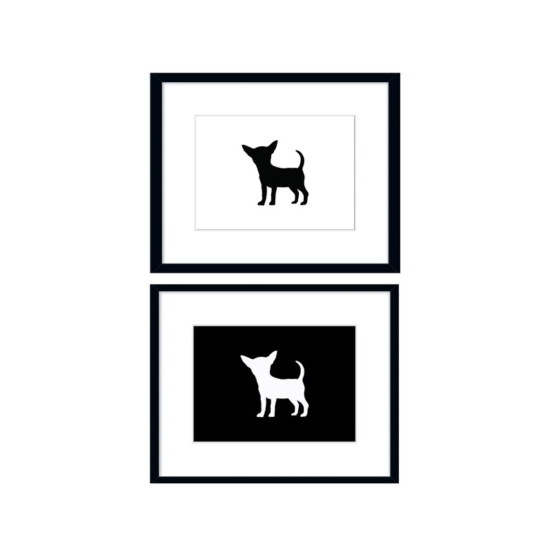 Black and white Chihuahua prints. One print is a black dog with white background. The other print is a white dog with black background. These are digital prints that you download and print and are formatted in sizes 5x7 and 8x10 inches.