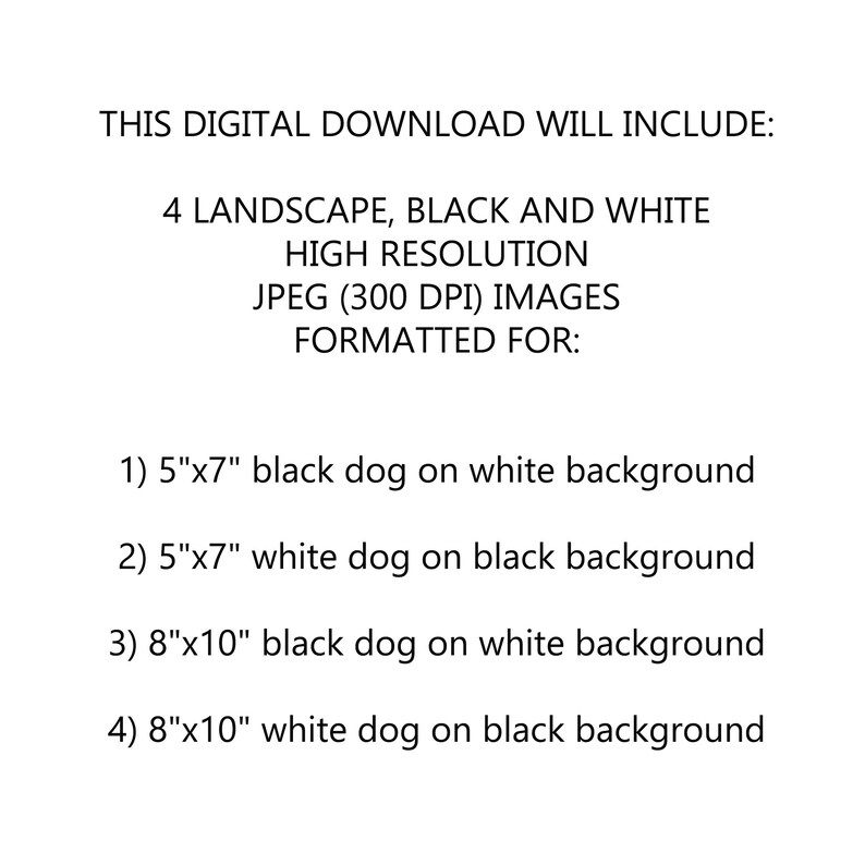 May include: This digital download includes four high-resolution black and white JPEG images of a dog. The images are formatted for printing in two sizes: 5"x7" and 8"x10". Each image features a black dog on a white background and a white dog on a black background.