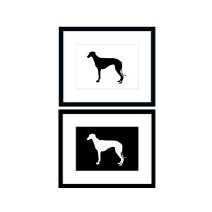 Black and white Greyhound prints. One print is a black dog with white background. The other print is a white dog with black background. These are digital prints that you download and print are formatted in sizes 5x7 and 8x10 inches.