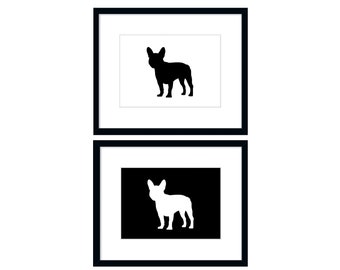 Grafiki z buldogami francuskimi: czarno-biała, nowoczesna sztuka ścienna (do pobrania w wersji cyfrowej)