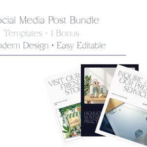 Könnte beinhalten: Ein Social-Media-Beitragsbündel mit 25 Vorlagen und 1 Bonus. Der Text lautet Social Media Post Bundle, 25 Templates + 1 Bonus, Modern Design, Easy Editable. Drei Beispielvorlagen werden mit verschiedenen grafischen Layouts dargestellt.