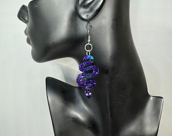 Purple holographic snake earrings with rhinestone eyes