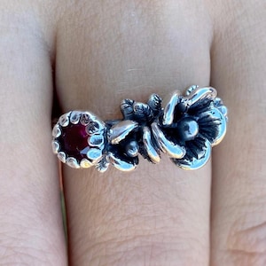 Handmade Apple Blossom Ring: Ruby Cubic Zirconia Floral Ring