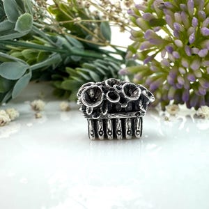 May include: A silver charm shaped like a small wooden house with a thatched roof and a flower garden on top. The charm is detailed with small wooden planks and a fence.