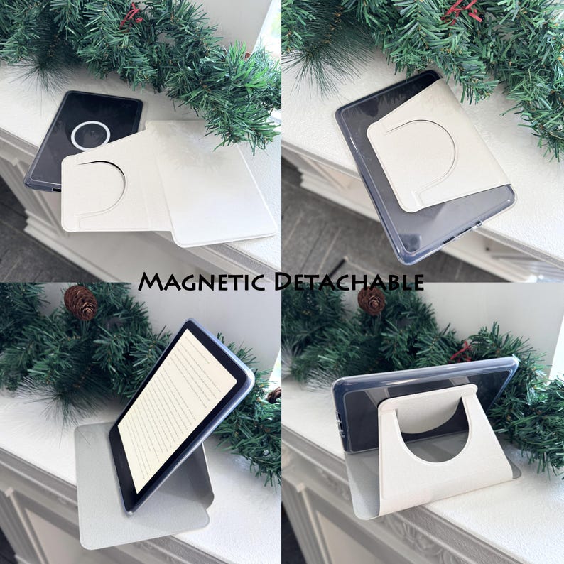 K&ouml;nnte beinhalten: Eine wei&szlig;e, magnetisch abnehmbare Tablet-H&uuml;lle mit St&auml;nderfunktion. Die H&uuml;lle wird in verschiedenen Positionen gezeigt, darunter flach und aufrecht. Der Text "MAGNETIC DETACHABLE" ist im Bild sichtbar.