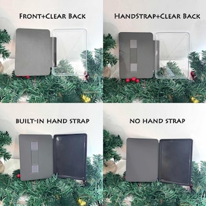 K&ouml;nnte beinhalten: Vier Bilder, die Tablet-H&uuml;llen in verschiedenen Designs zeigen. Die H&uuml;llen sind grau und schwarz, einige mit transparenten R&uuml;ckseiten. Text auf den Bildern lautet: FRONT+CLEAR BACK, HANDSTRAP+CLEAR BACK, BUILT-IN HAND STRAP und NO HAND STRAP.