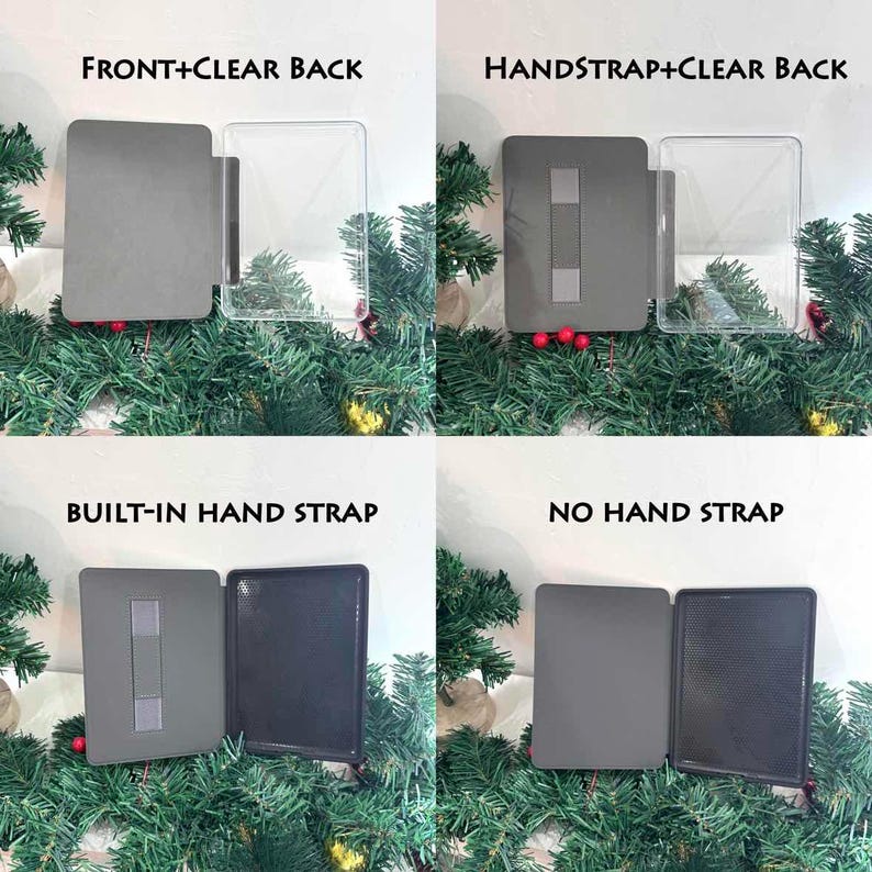 K&ouml;nnte beinhalten: Vier Bilder, die Tablet-H&uuml;llen in verschiedenen Designs zeigen. Die H&uuml;llen sind grau und schwarz, einige mit transparenten R&uuml;ckseiten. Text auf den Bildern lautet: FRONT+CLEAR BACK, HANDSTRAP+CLEAR BACK, BUILT-IN HAND STRAP und NO HAND STRAP.