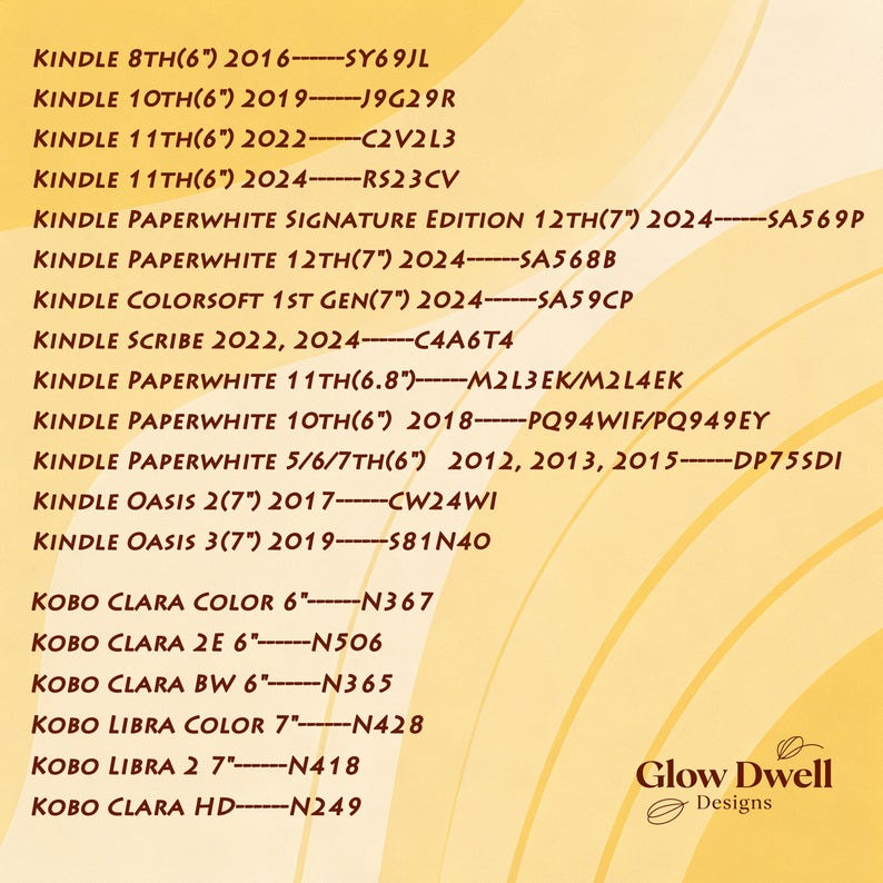 K&ouml;nnte beinhalten: Eine Liste von Kindle- und Kobo-E-Reader-Modellen mit ihren Modellnummern und Erscheinungsjahren. Der Text ist in einer serifenlosen Schrift auf hellgelbem Hintergrund. Das Glow Dwell Designs Logo befindet sich unten rechts.