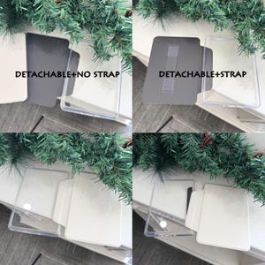 K&ouml;nnte beinhalten: Ein Collage von vier Bildern, die Handyh&uuml;llen zeigen. Die H&uuml;llen sind transparent und grau, mit dem Text "DETACHABLE+NO STRAP" und "DETACHABLE+STRAP" sichtbar. Die H&uuml;llen werden vor einem wei&szlig;en Hintergrund mit gr&uuml;nem Laubwerk im Hintergrund pr&auml;sentiert.
