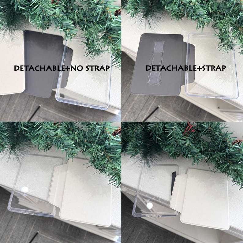 K&ouml;nnte beinhalten: Ein Collage von vier Bildern, die Handyh&uuml;llen zeigen. Die H&uuml;llen sind transparent und grau, mit dem Text "DETACHABLE+NO STRAP" und "DETACHABLE+STRAP" sichtbar. Die H&uuml;llen werden vor einem wei&szlig;en Hintergrund mit gr&uuml;nem Laubwerk im Hintergrund pr&auml;sentiert.