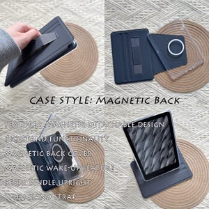 K&ouml;nnte beinhalten: Dunkelblaue Tablet-H&uuml;lle mit Handschlaufe, St&auml;nder und magnetischer R&uuml;ckseite. Die H&uuml;lle hat ein magnetisches, abnehmbares Design und eine Aufwachfunktion. Der Text auf dem Bild lautet "CASE STYLE: MAGNETIC BACK".