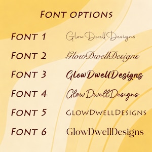 K&ouml;nnte beinhalten: Grafik mit Schriftoptionen f&uuml;r Designprojekte. Oben steht "FONT OPTIONS", gefolgt von sechs Schriftbeispielen, beschriftet mit "FONT 1" bis "FONT 6". Jede Schriftart zeigt den Namen "Glow Dwell Designs" in verschiedenen Stilen und Farben.