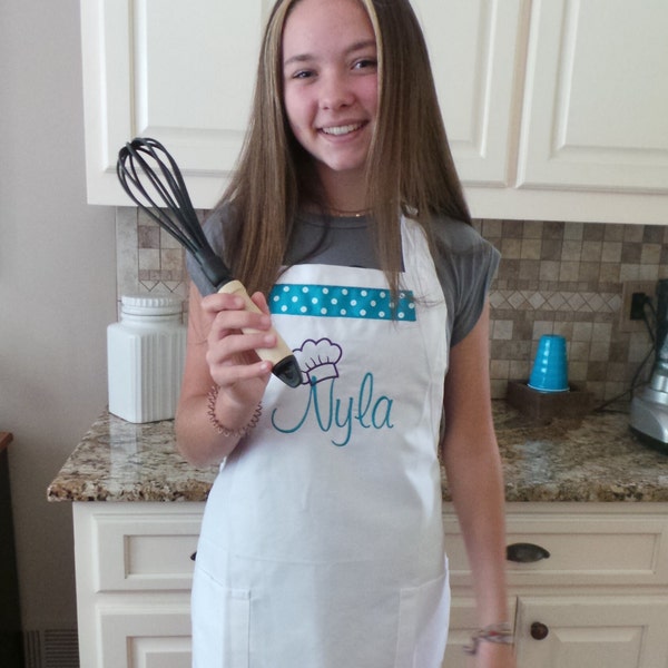 Personalized apron, Teen apron Boys or Girls, Embroidered with Name, Chef Hat design, 4 Apron colors, you can add a ribbon for the girls.