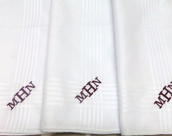 Men's Handkerchiefs 3 monogrammed hankies, Dad, Husband, Groomsman, Valentine's gift, 2nd anniversary gift. Soft Cotton Handkerchiefs