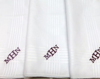 Men's Handkerchiefs 3 monogrammed hankies, Dad, Husband, Groomsman, Valentine's gift, 2nd anniversary gift. Soft Cotton Handkerchiefs