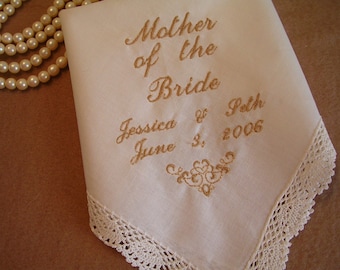 Mother of the Bride or Mother of the Groom Handkerchief Wedding Hankie Personalized Embroidered, Name, Date, Design. You choose!