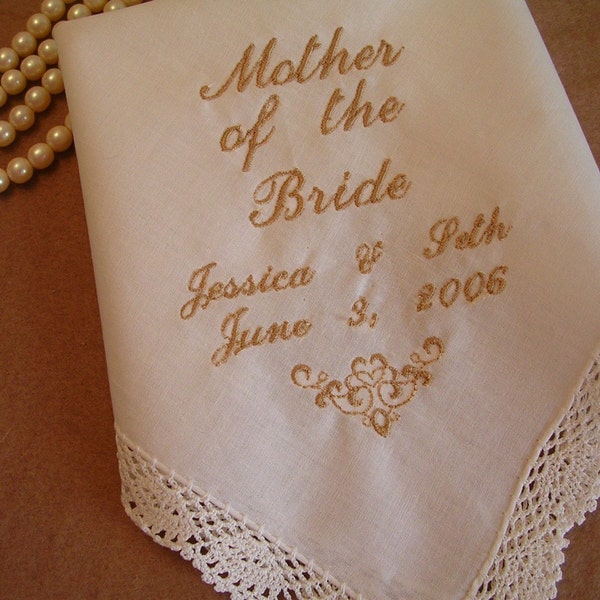 Mother of the Bride or Mother of the Groom Handkerchief Wedding Hankie Personalized Embroidered, Name, Date, Design. You choose!