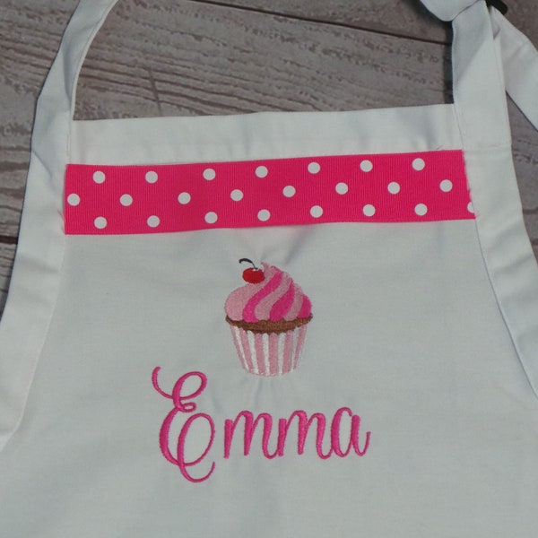 Girl's Cupcake Apron,  Embroidered cupcake with their name and cute cupcake. Personalized teen apron. 4 Apron Colors.