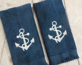 Boat Towels 2 Fingertip towels, Anchor or Compass rose. Boat Decor, Boat towels, Nautical towels Velour feel cotton.