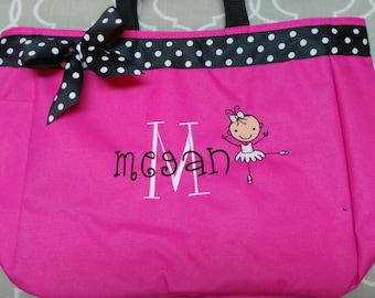 Ballet Bag with Ballerina, Name, Lg Initial Ribbon and Bow Personalized bag Lots of colors Embroidered Cute. Dance bag for little ones