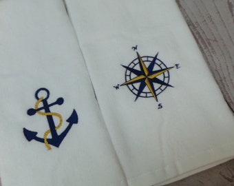 Anchor and Compass rose Hand Towels, 2 Nautical Hand Towels, Boat Hand Towels. Embroidered. Personalize them with your boat name!