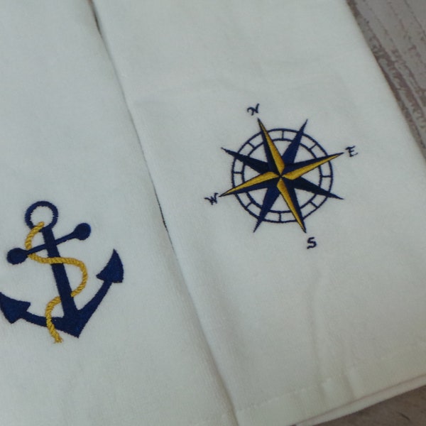 Anchor and Compass rose Hand Towels, 2 Nautical Hand Towels, Boat Hand Towels. Embroidered. Personalize them with your boat name!