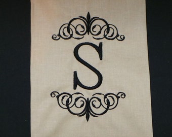 Monogrammed Linen/Cotton Hemstitched Hand Towel Embroidered Personalized with your monogram and design included. White and Taupe.