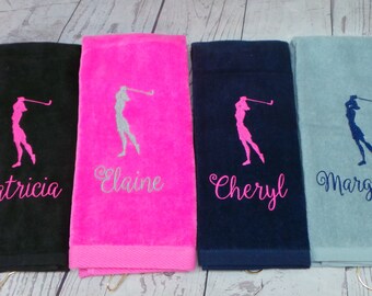 Women's golf towel, Women golfer, Personalized Embroidered Sport Towel Tri fold with hook and grommet 7 colors to choose.