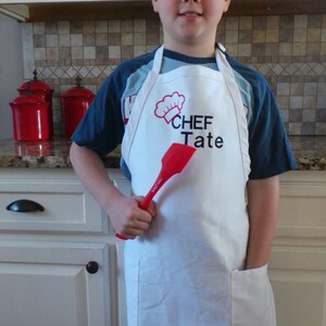 Personalized Apron Teen apron Boys or Girls, Embroidered with Name, Chef Hat design, 4 Colors and you can add a ribbon for the girls. image 8