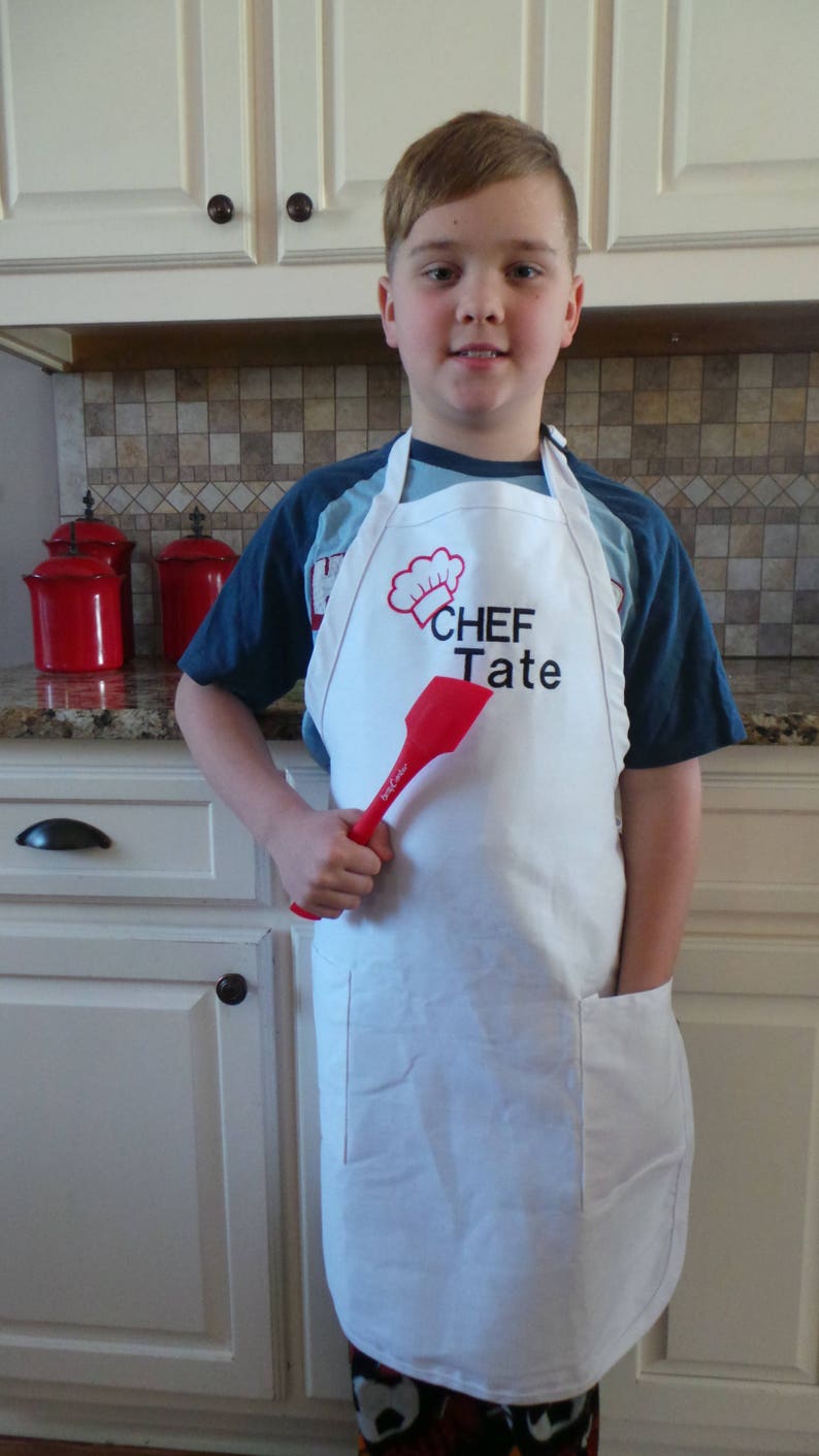 Personalized Apron Teen apron Boys or Girls, Embroidered with Name, Chef Hat design, 4 Colors and you can add a ribbon for the girls. image 8