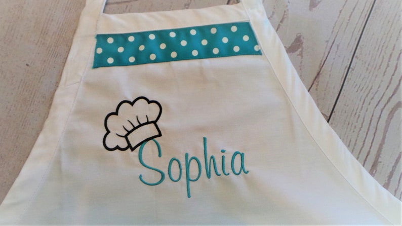 Personalized Apron Teen apron Boys or Girls, Embroidered with Name, Chef Hat design, 4 Colors and you can add a ribbon for the girls. image 5