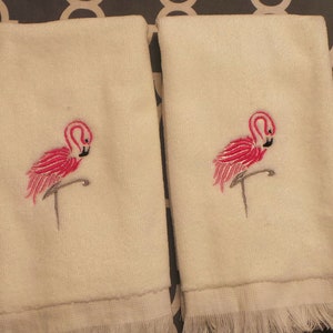 Flamingo towels, 2 Fingertip towels, Tea Towels, 4 Towel Colors. Beautiful embroidered towels, Bathroom towels. Velour feel combed cotton.
